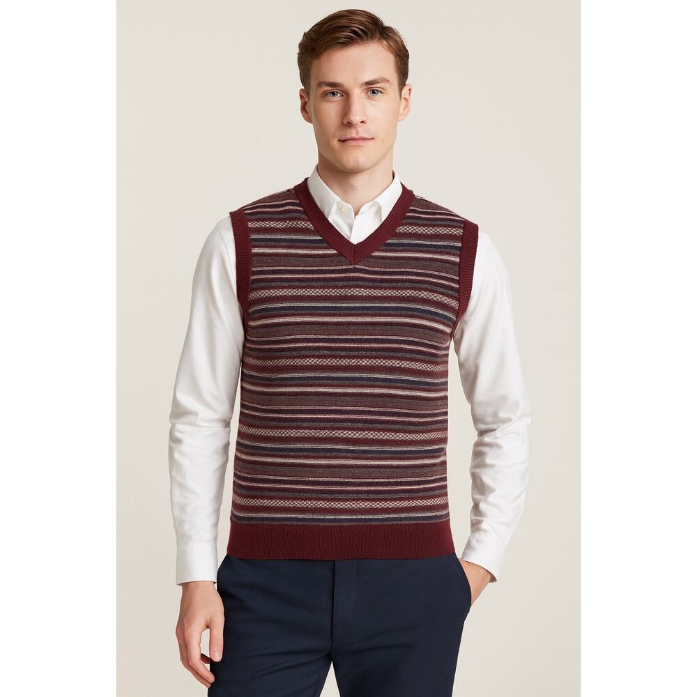 Vintage Pattern Stripe Sweater Vest S Maroon Burgundy Preppy Old‎ Money Office